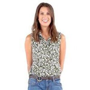 CAbi Olive Green Sleeveless Keepsake Pressed Floral Blouse Small